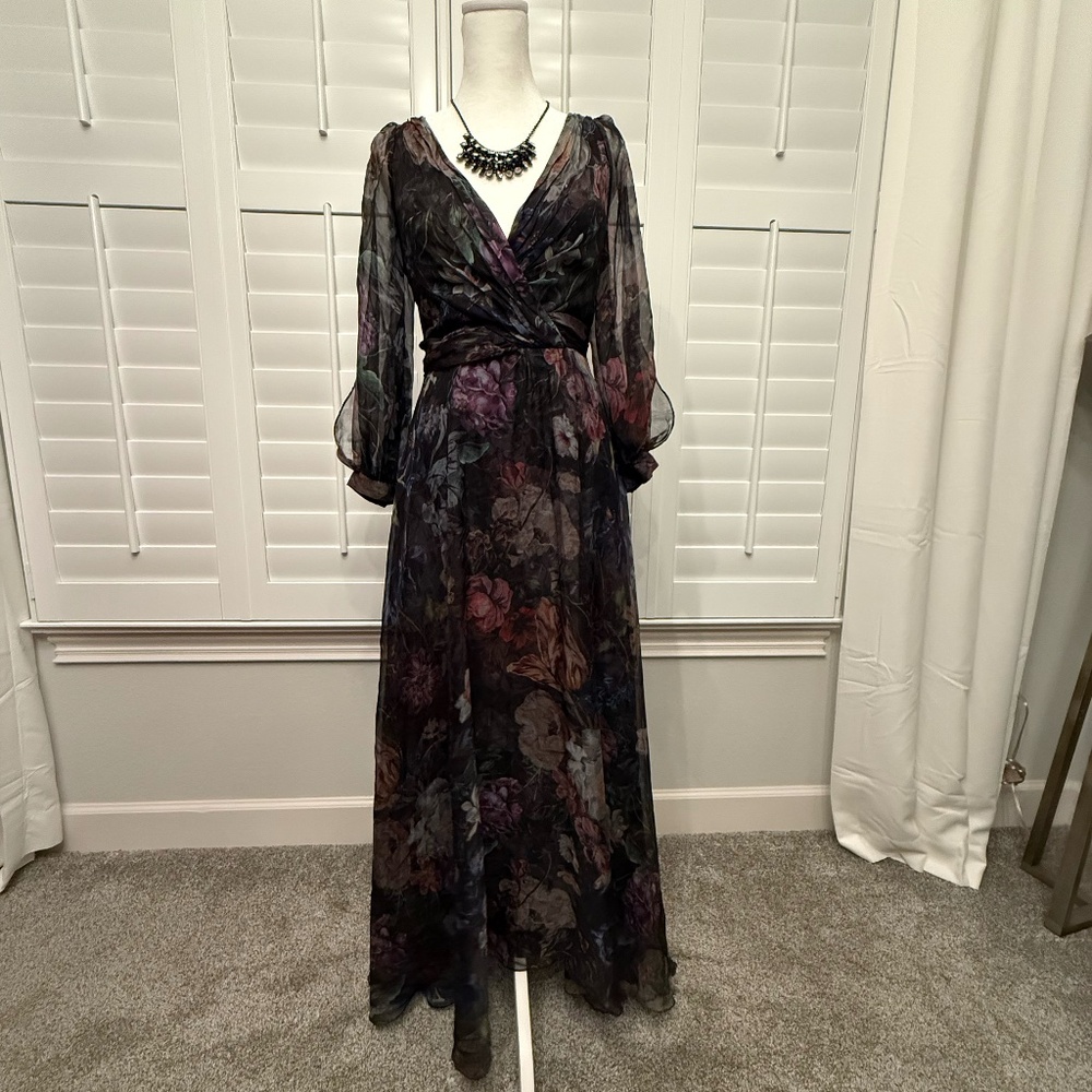 Marchesa Notte Black Floral Print Long Dress - Size 0